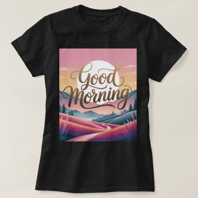 Camiseta Bom dia Caligrafia Paisagem negra (Frente do Design)
