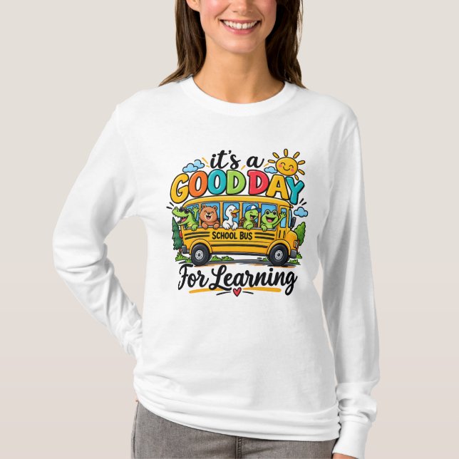 Camiseta Bom Dia Para Aprender Ônibus Animais Sol (Frente)