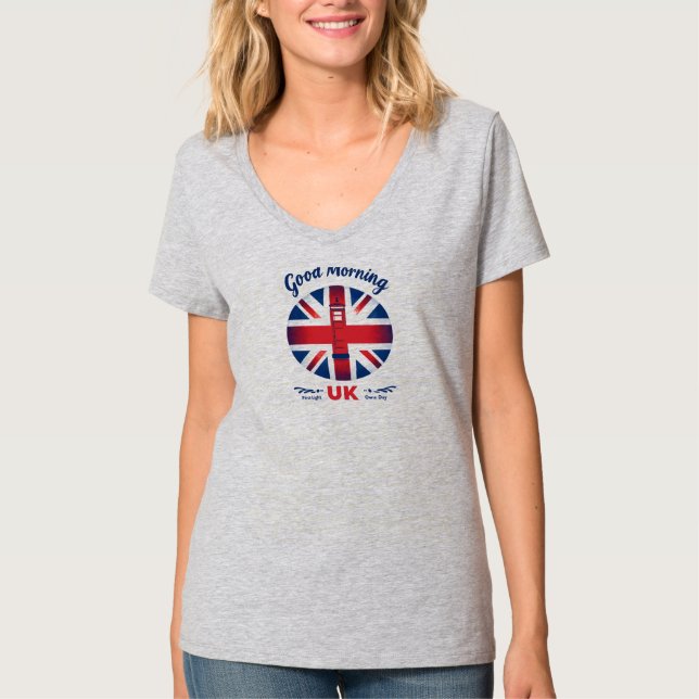 Camiseta Bom dia Reino Unido - Union Jack & London Phone Bo (Frente)