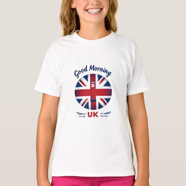 Camiseta Bom dia Reino Unido - Union Jack & London Phone Bo (Frente)
