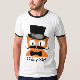 Camiseta "Bom Dia Senhor!" Gato com Chapéu Alto e Bigode de