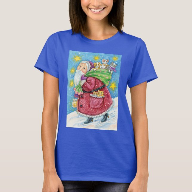 Camiseta Bom Natal, Pai Natal com Gatinhos e Gatinhos! (Frente)