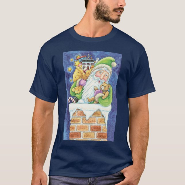 Camiseta Bom Natal, Papai Noel em Chaminé com Brinquedos (Frente)