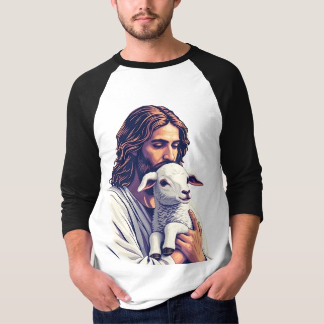 Camiseta Bom Pastor: Jesus com Lamb Raglan T-Shirt (Frente)