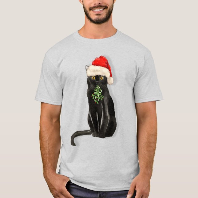 Camiseta Bombaim Cat Breed Black Gatinho em Santa Hat (Frente)