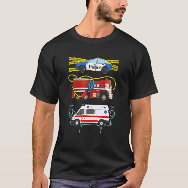 Camiseta Bombardeio de Carro Policial Ambulância Primeiros  (Frente)
