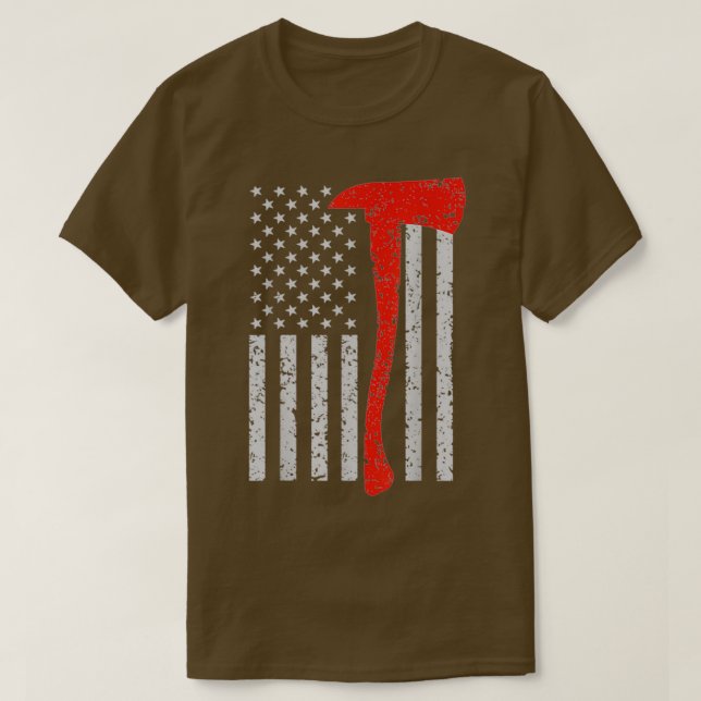 Camiseta Bombeiro American Flag Ax Thin Red Line Patrio (Frente do Design)
