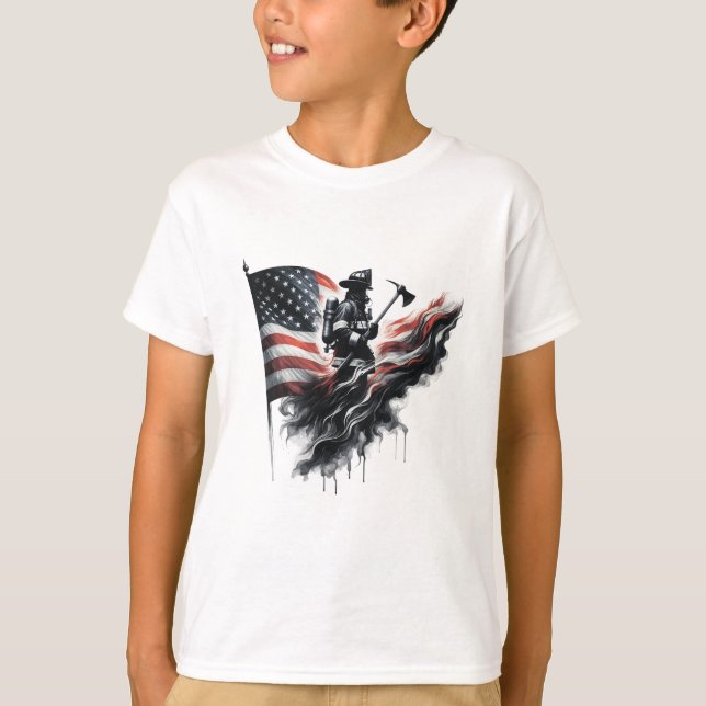 Camiseta Bombeiro americano. Bandeira dos Estados Unidos. (Frente)