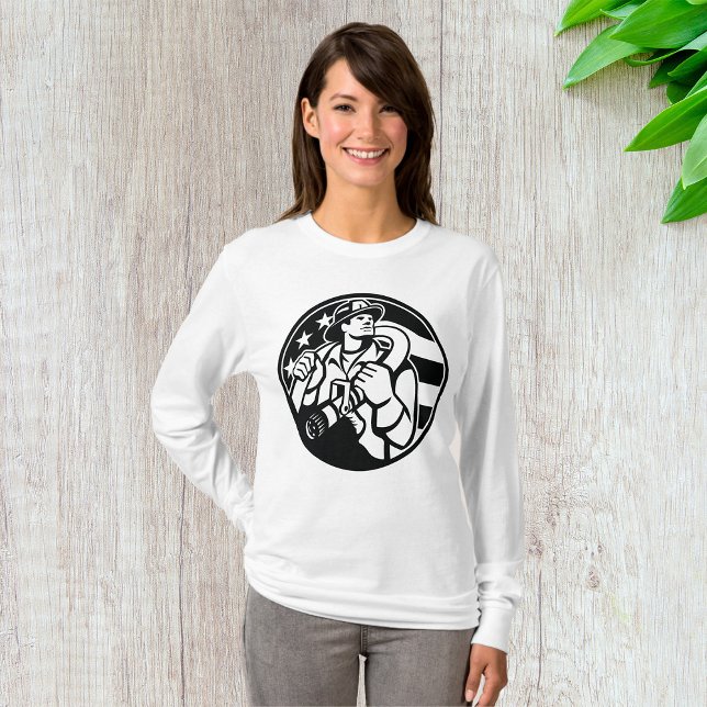 Camiseta Bombeiro Americano Herói Negrito e Branco (Criador carregado)