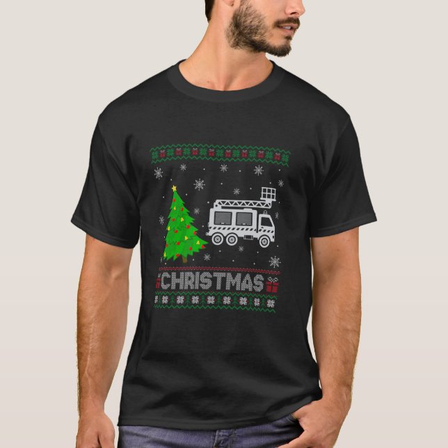 Camiseta Bombeiro Árvore Xmas Iluminando Suor de Natal Feio (Frente)