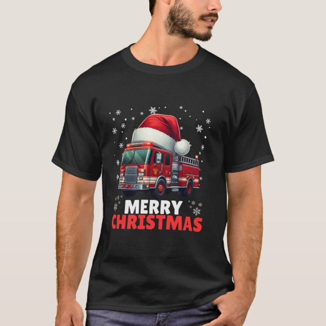 Camiseta Bombeiro Caminhão de Natal Santa Hat Frieman (Frente)