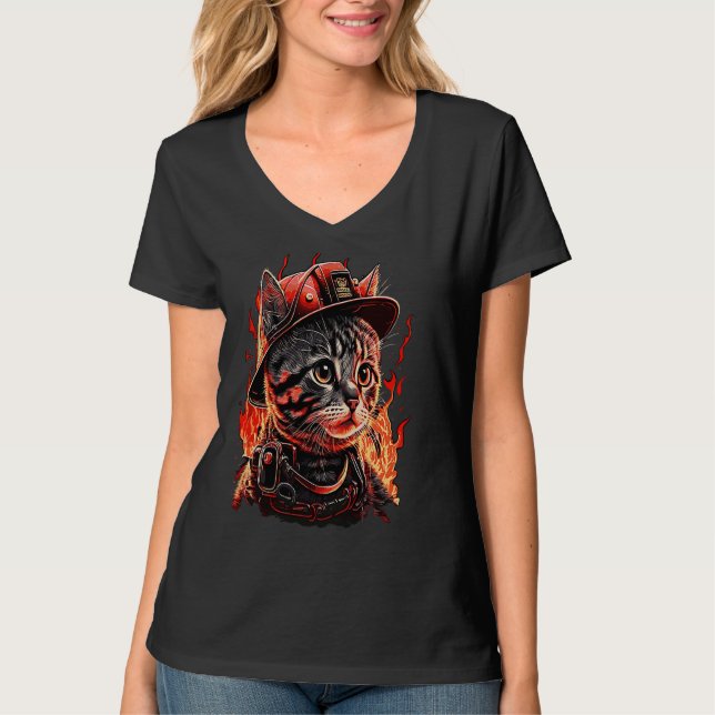 Camiseta Bombeiro Cat Kitten Bombeiro Helmet (Frente)