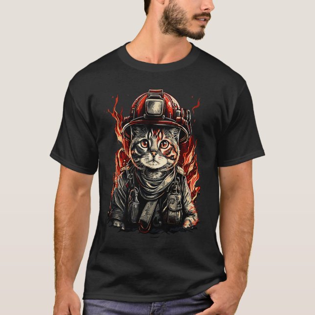 Camiseta Bombeiro Cat Kitten Bombeiro Helmet (Frente)