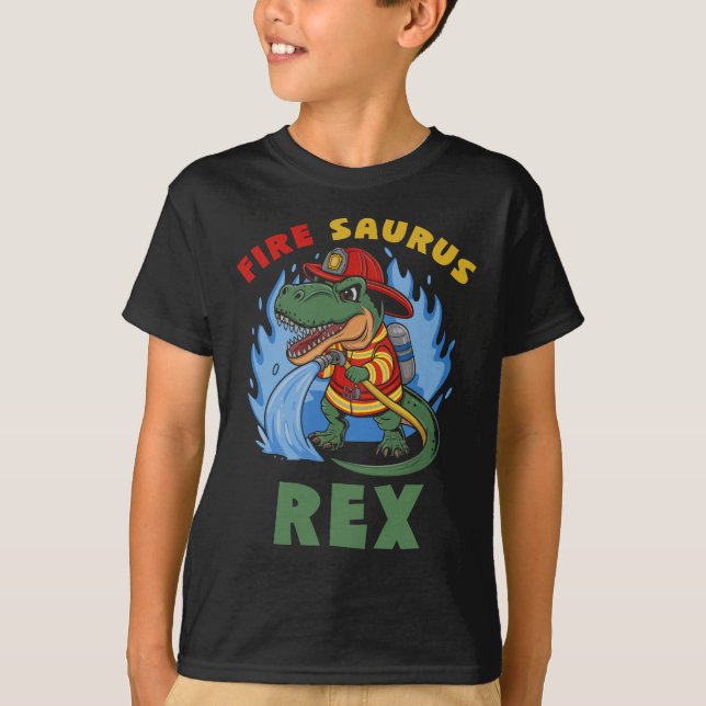 Camiseta Bombeiro Fogo Saurus Rex T Rex Dinossaur (Frente)