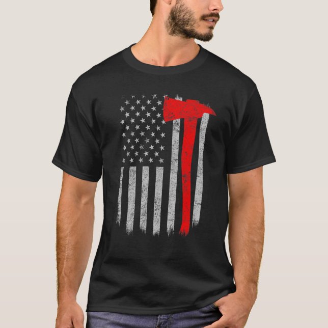 Camiseta Bombeiro Patriótico, Bombeiro Americano Flag Ax Re (Frente)