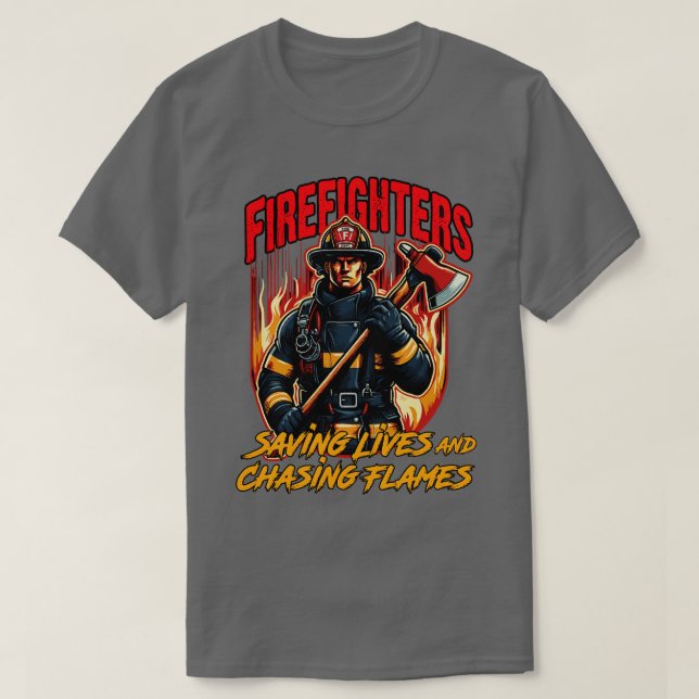 Camiseta Bombeiros salvando vidas e perseguindo chamas (Frente do Design)
