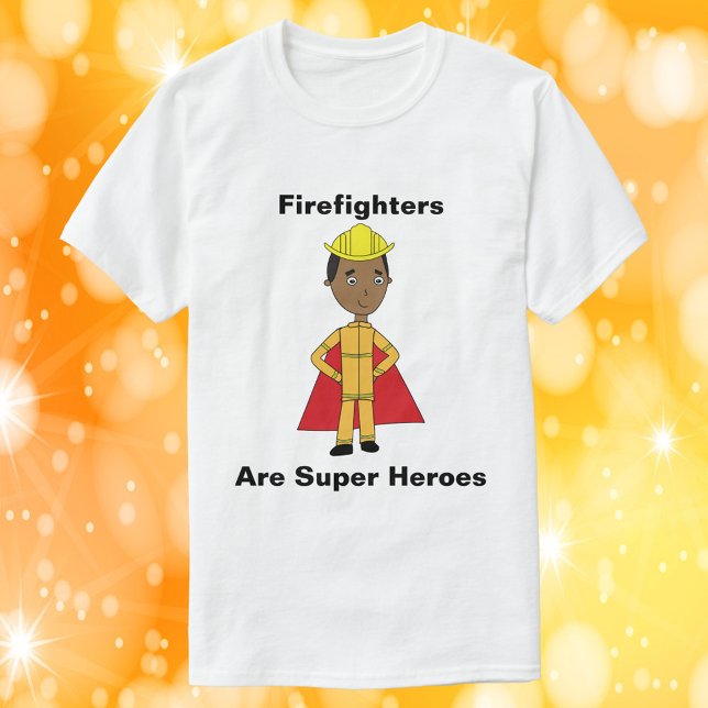 Camiseta Bombeiros São Super Heróis Pretos (A shirt featuring a black firefighter and the text Firefighters Are Super Heroes)