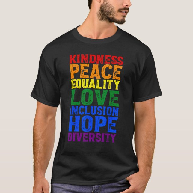 Camiseta Bondade Igualdade de paz Inclusão de amor Fígados  (Frente)