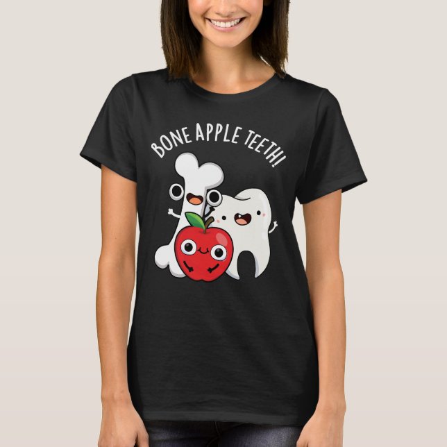 Camiseta Bone Apple Teeth Funny Bona Appetit Pun Dark BG (Frente)