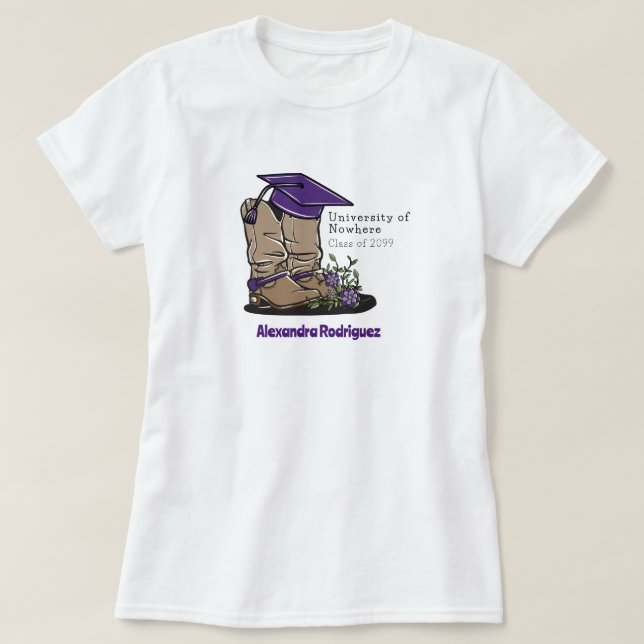 Camiseta Boné de formatura e Flores de Boot Purple Cowboy (Frente do Design)