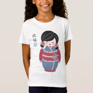 Camiseta Boneca asiática kokeshi num quimono floral "Bênção