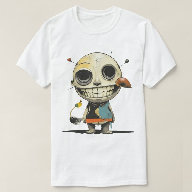 Camiseta Boneca Branca Cinzenta Escura - Cartoon de Horror  (Frente do Design)