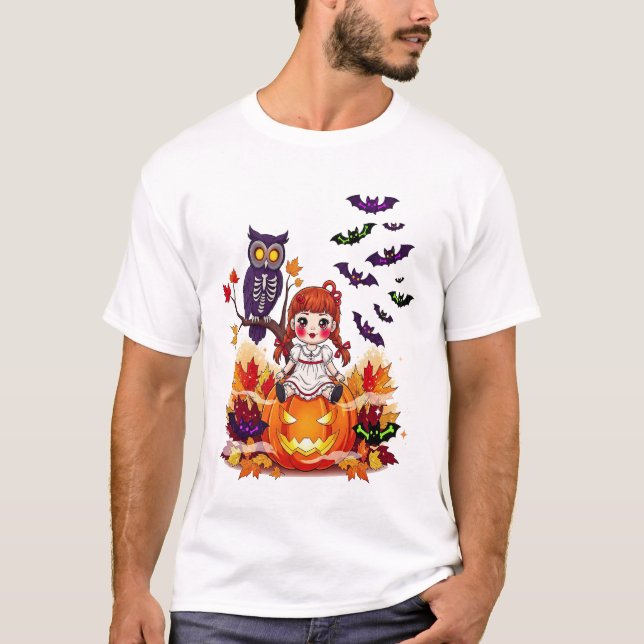 Camiseta Boneca Coruja de Halloween Fofa (Frente)