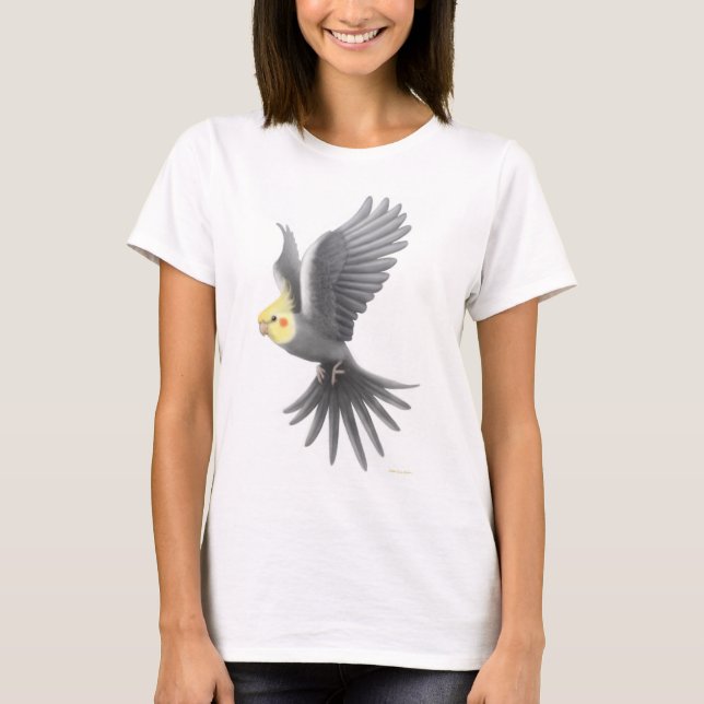 Camiseta Boneca das senhoras do Cockatiel do vôo (Frente)