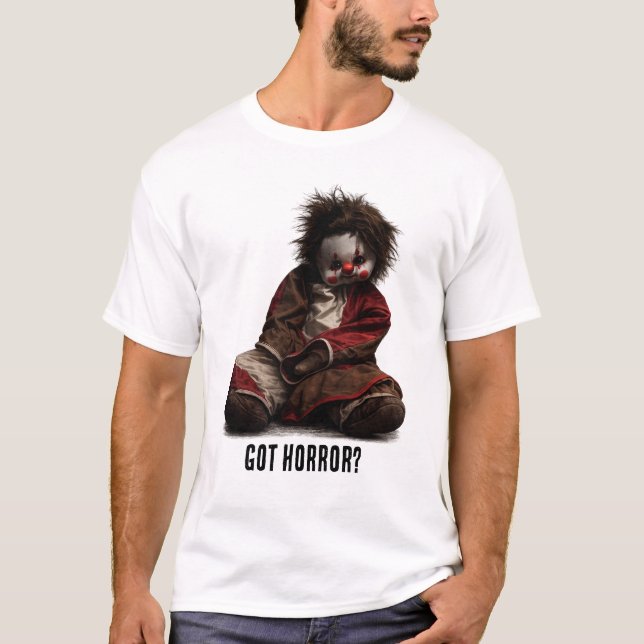Camiseta Boneca de Palhaço Assustador - Tem Horror? (Frente)