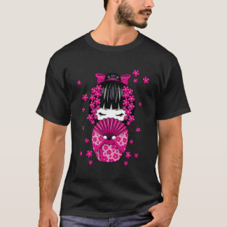 Camiseta Boneca Kawaii Kokeshi com flor de cereja japonesa 