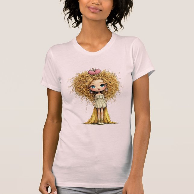 Camiseta Boneca Princesa Cabelo Crespo Arte de Conto de Fad (Frente)