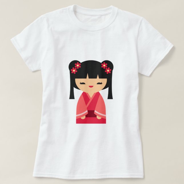 Camiseta Bonecas japonesas cor-de-rosa Kokeshi (Frente do Design)