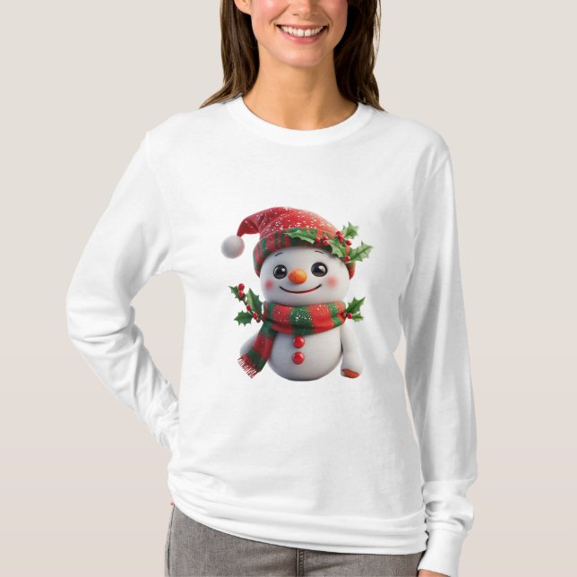Camiseta Boneco de Neve Alegre Com Chapéu de Papai Noel (Frente)