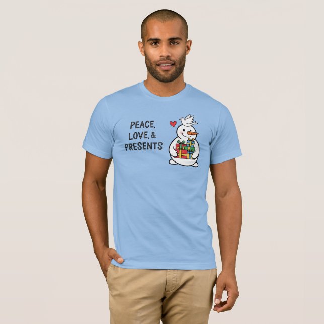 Camiseta Boneco de Neve Alegre com Presentes (Frente Completa)