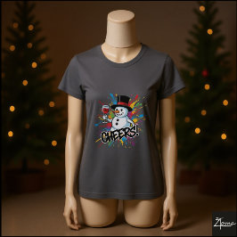 Camiseta Boneco de Neve Brinda Vinho Pintura com Salpicos d