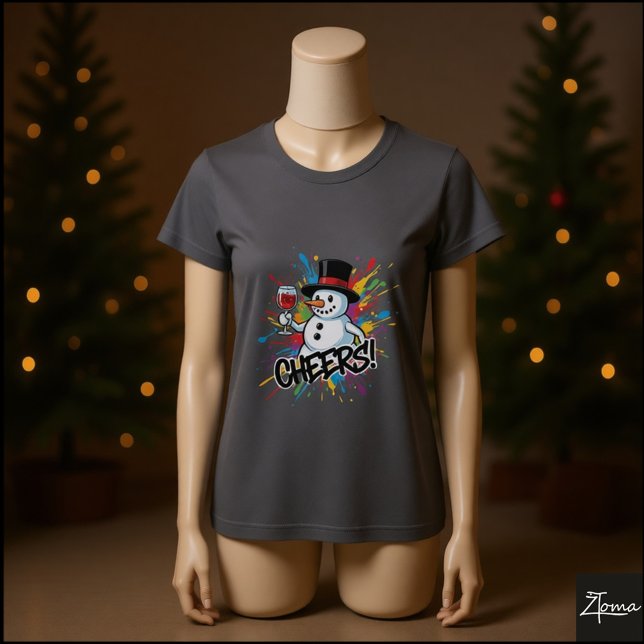 Camiseta Boneco de Neve Brinda Vinho Pintura com Salpicos d (Criador carregado)