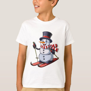 Camiseta Boneco de neve de esqui em um chapéu alto com um c