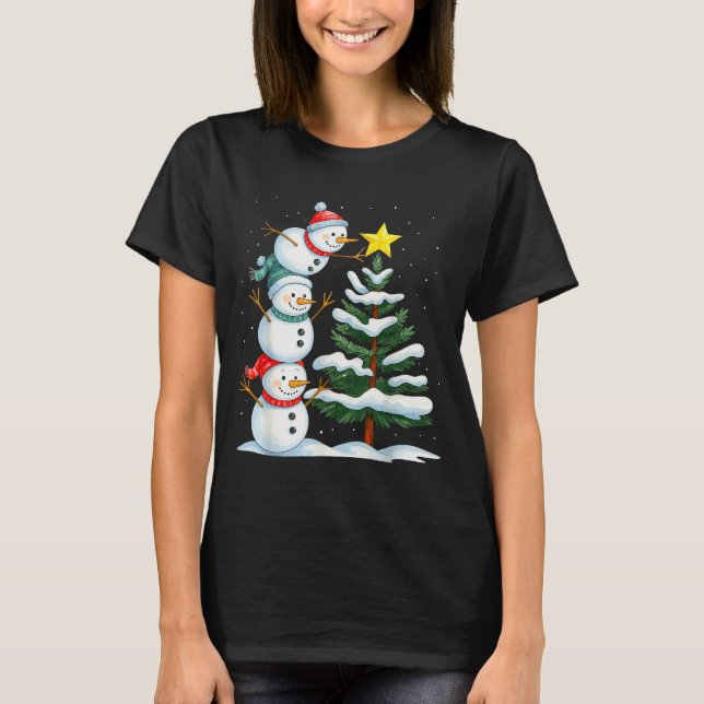 Camiseta Boneco de Neve de Natal Engraçado Topper Árvore Fe (Frente)