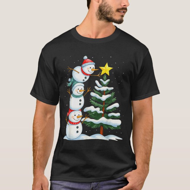 Camiseta Boneco de Neve de Natal Engraçado Topper Árvore Fe (Frente)