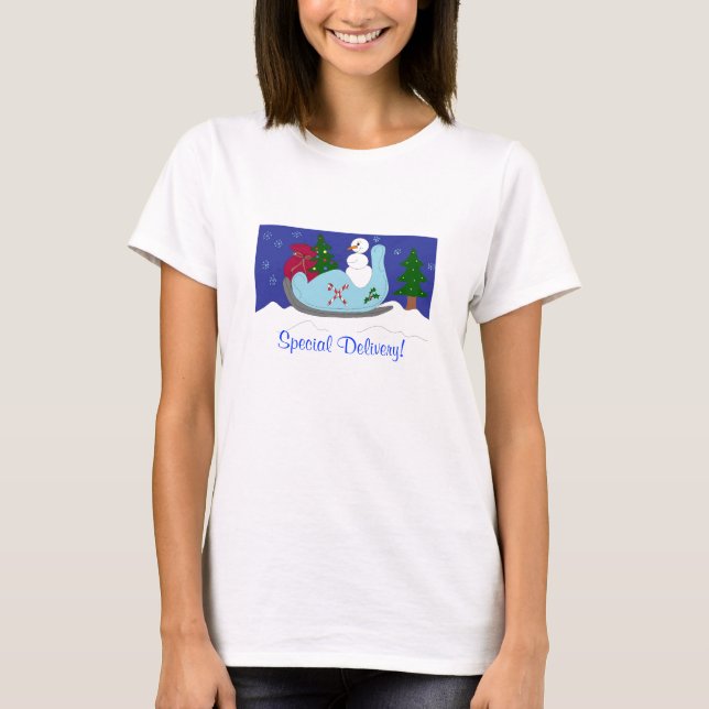 Camiseta Boneco de Neve Dirigindo um Trenó (Frente)