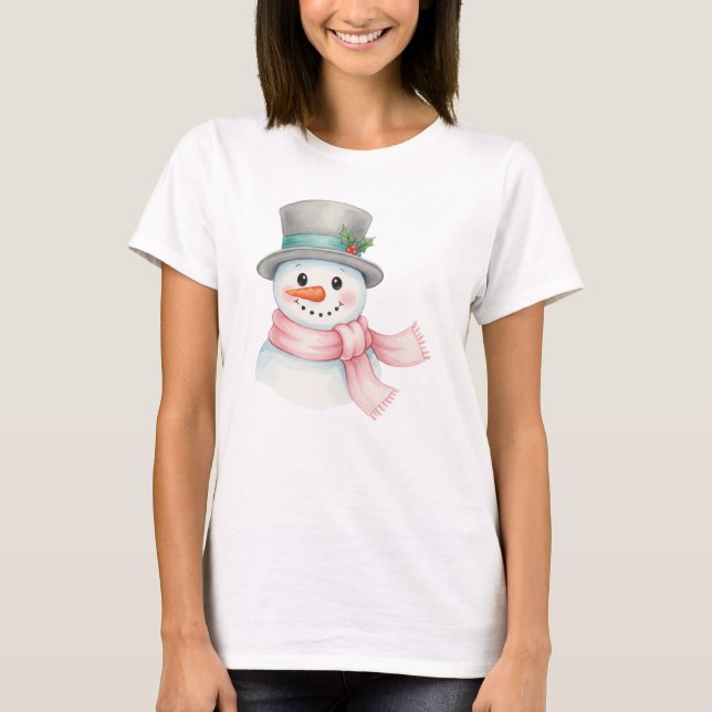 Camiseta Boneco de Neve em Aquarela Fofa com Cachecol Rosa  (Frente)