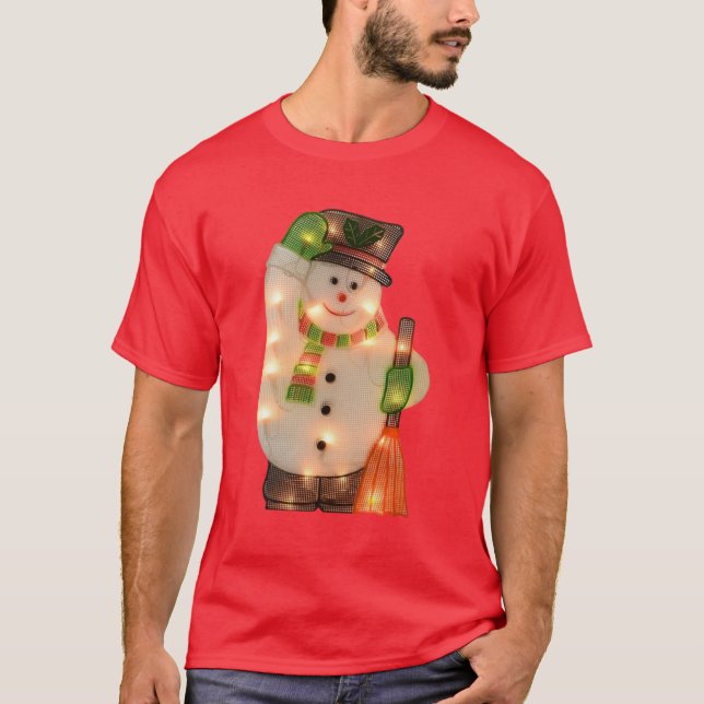 Camiseta Boneco de neve feliz com luzes de Natal do falso (Frente)