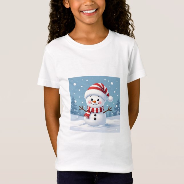Camiseta Boneco de neve fofo com cachecol e chapéu (Frente)