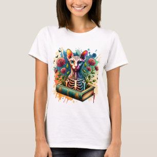 Camiseta Bones Botany Sphynx Cat Skeleton Book Mulheres