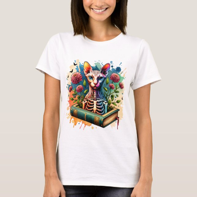 Camiseta Bones Botany Sphynx Cat Skeleton Book Mulheres (Frente)