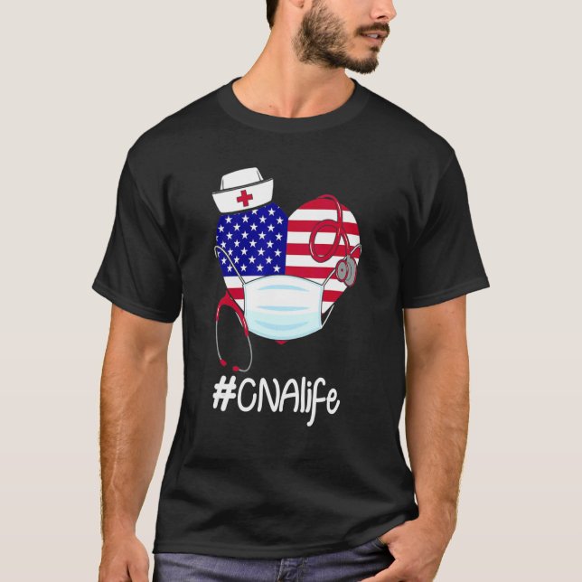 Camiseta Bonés do estetoscópio Cna Life Heart American Flag (Frente)