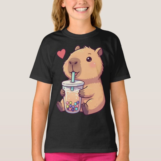Camiseta Bonita Capybara Boba Tea Bubble para Rapariga (Frente)