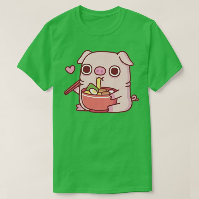 Camiseta Bonita Chubby Porquinho Comendo Ramen Noodles (Frente do Design)