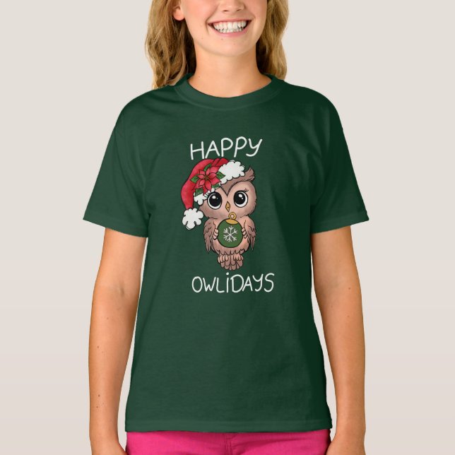 Camiseta Bonita Feliz Owlidays de Natal Green (Frente)