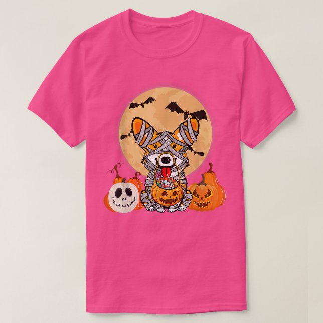 Camiseta Bonita Figurina de Halloween Welsh Corgi Mummy Dog (Frente do Design)